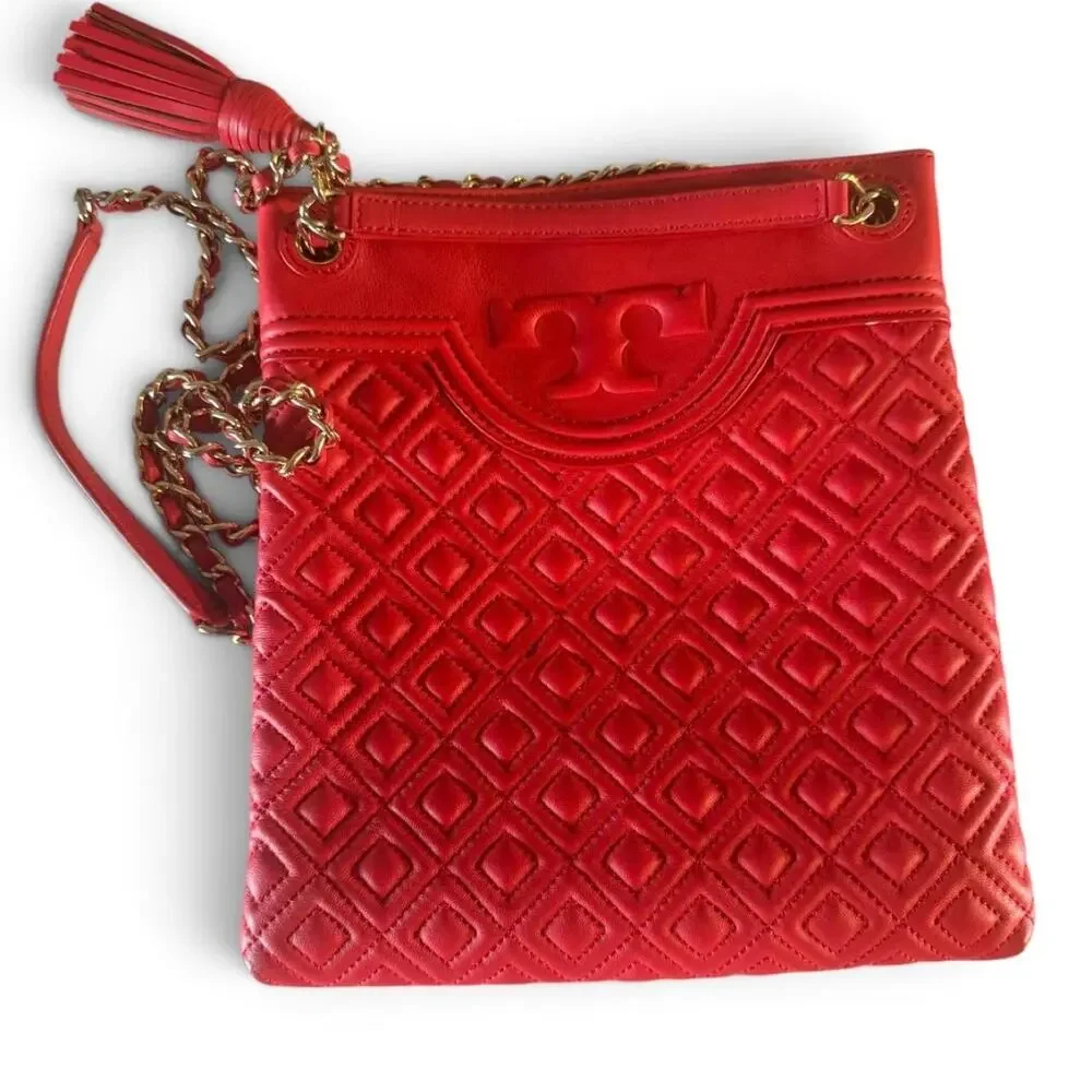 Tory Burch Fleming Red Quilted Leather Chain Crossbody Shoulder Bag